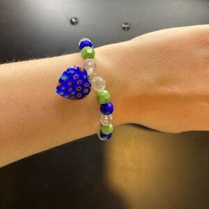 Blue Heart Floral Beaded Stretch Bracelet